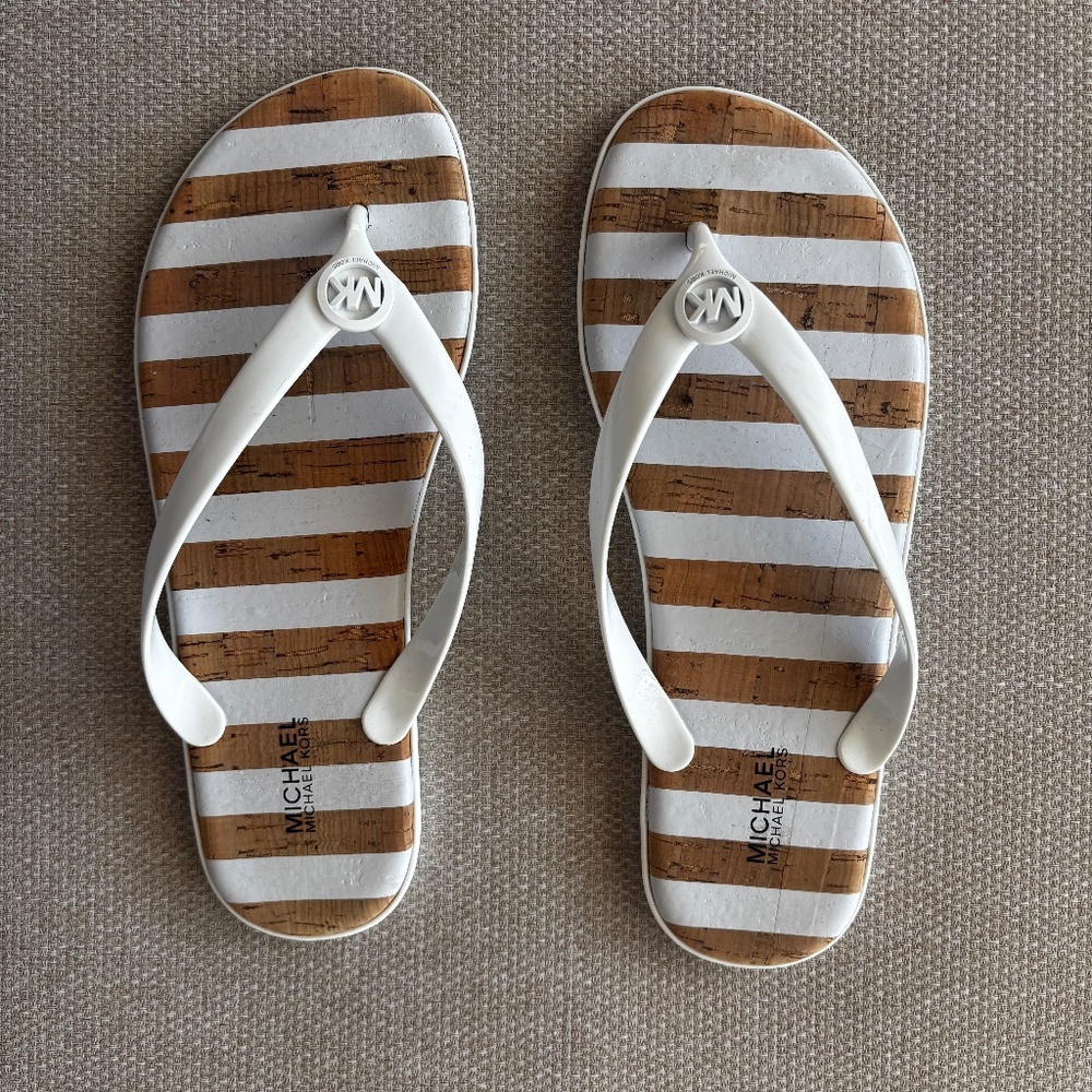 Michael Kors Sz 8 Logo Jet Set Jelly Flat White/Cork Striped Sandals/Flip Flops
